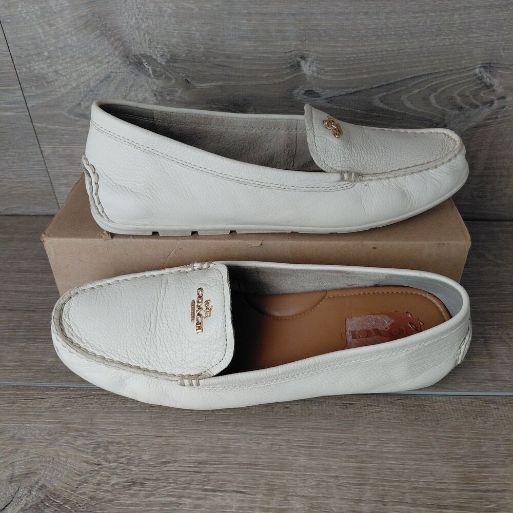 COACH Pebbled Leather Mary Lock Up Driving Loafers Womens 10 Cream Slip On Shoes